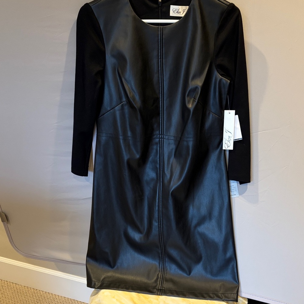 Eliza J Black “leather” dress size 6 NWT 3/4 sleeve fitted LBD cocktail party